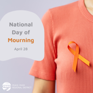 Upper torso of a person wearing an orange ribbon with the text National Day of Mourning in the foreground